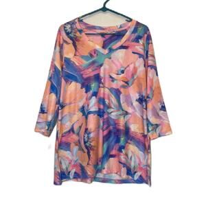Soft Surroundings Floral V-Neck Blue & Pink Top Blouse Size L